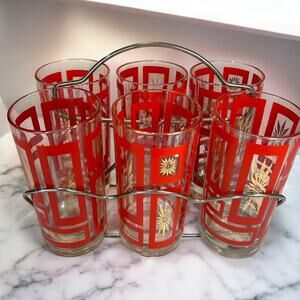 Vtg Set 6 Jeanette Glasses Tumbler Red Atomic Starburst Glassware With Carrier